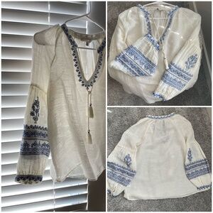 Women’s lucky brand linen off white embroidered bell sleeve blouse szM
